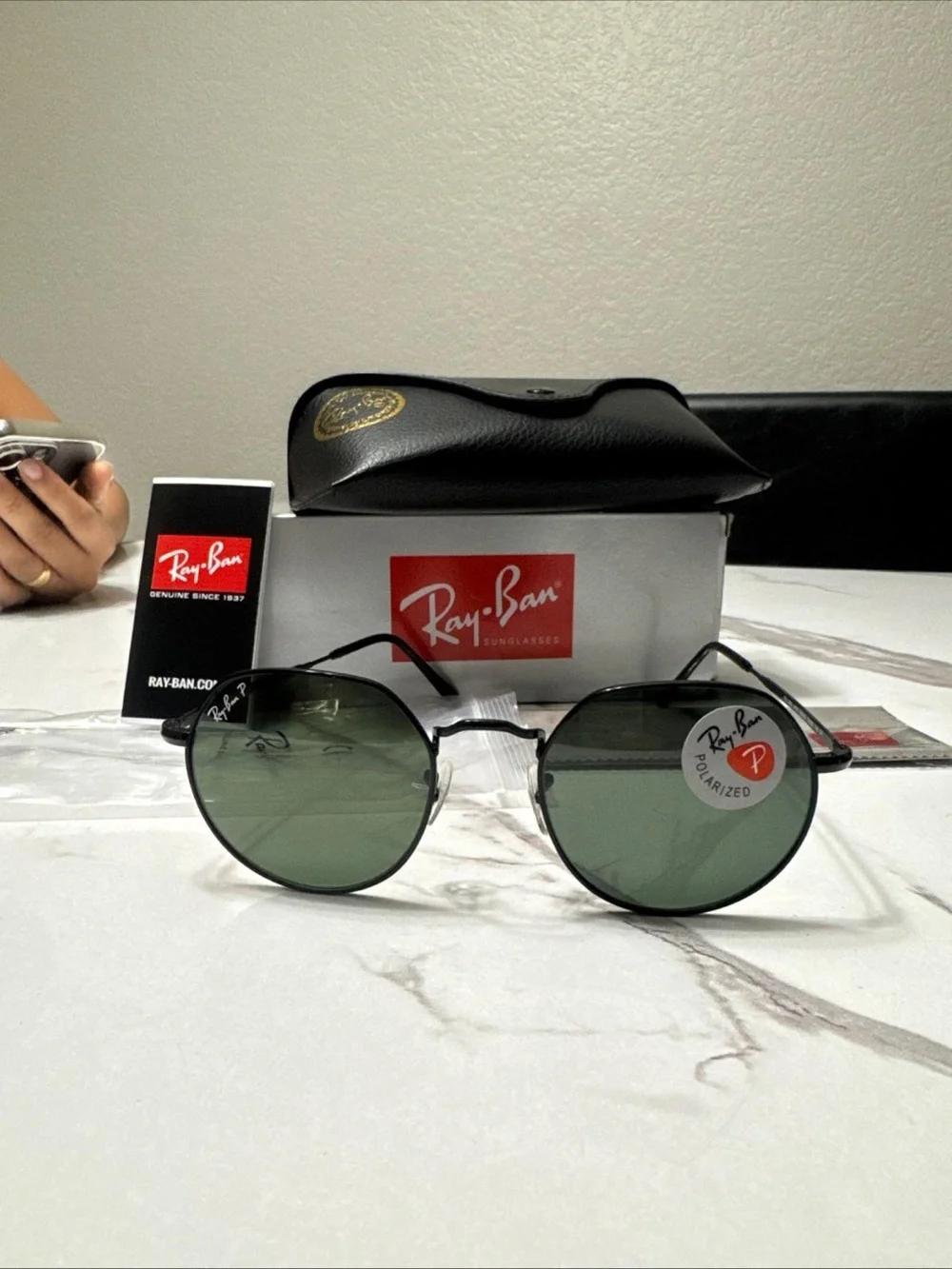 Ray-Ban Black Frame Sunglasses with Green Polarized Lenses